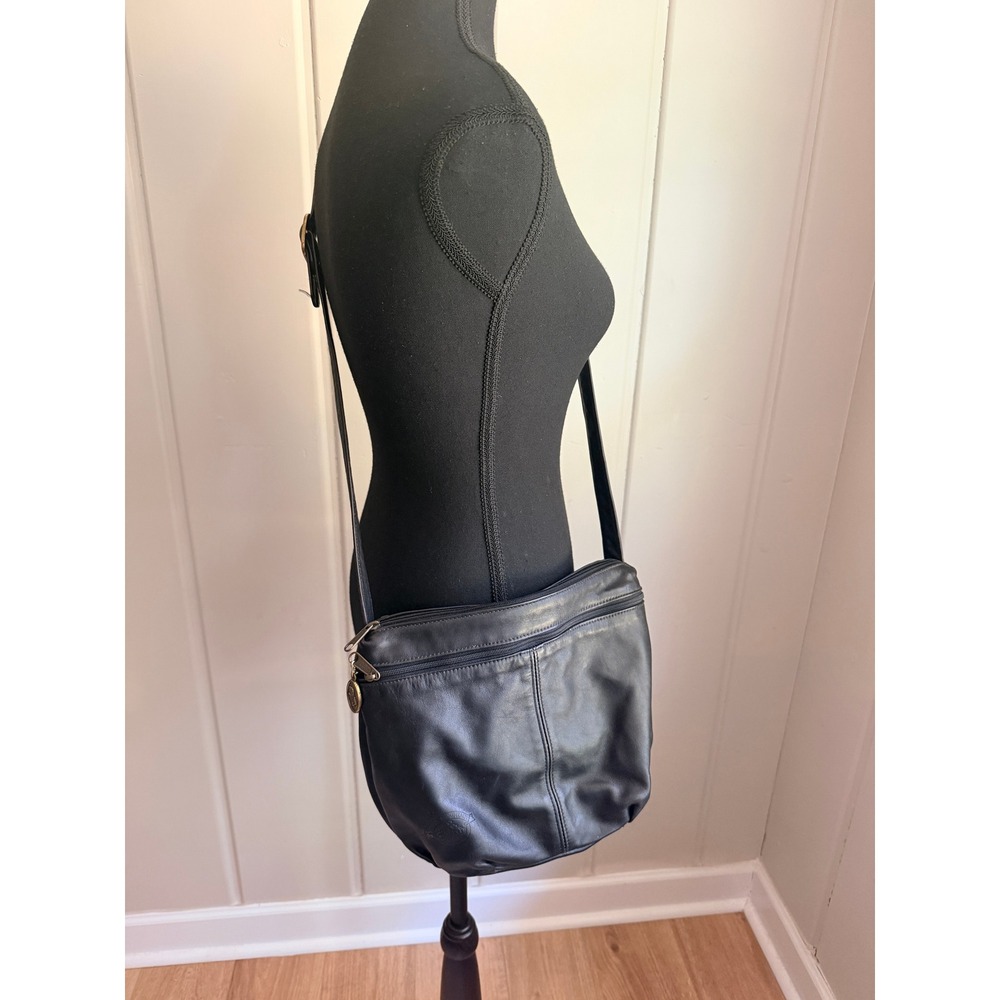 1990s Stone Mountain Black Leather Crossbody Bag Purse Multi Pocket Small